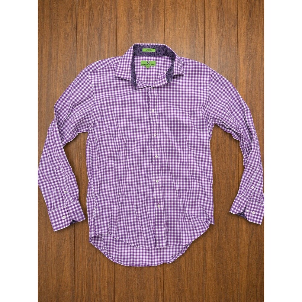 Bristol & Bull Mens L Purple Gingham Shirt Paisley Flip Cuff 100% Cotton